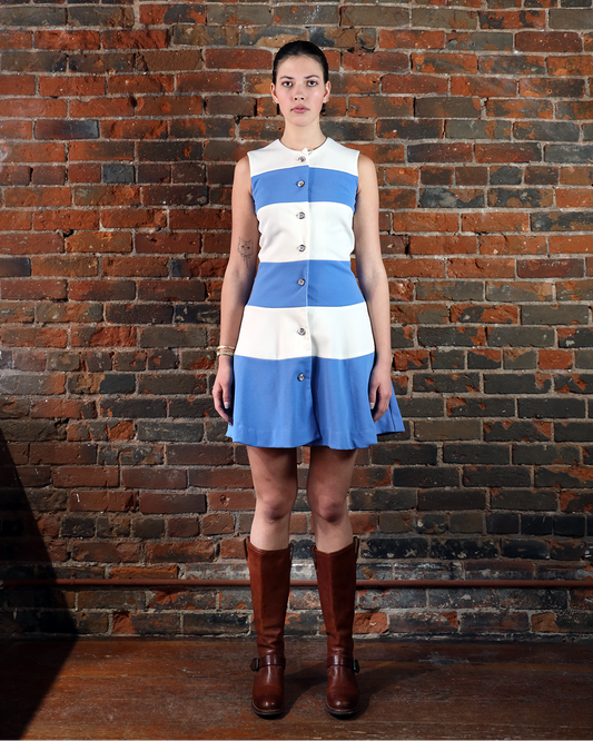 60s "Country Miss" Blue and White Stripe Mini Dress